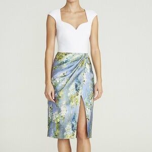 NWOT $645 Theia Light Blue & White Floral Wrap Style Dress with Front Slit